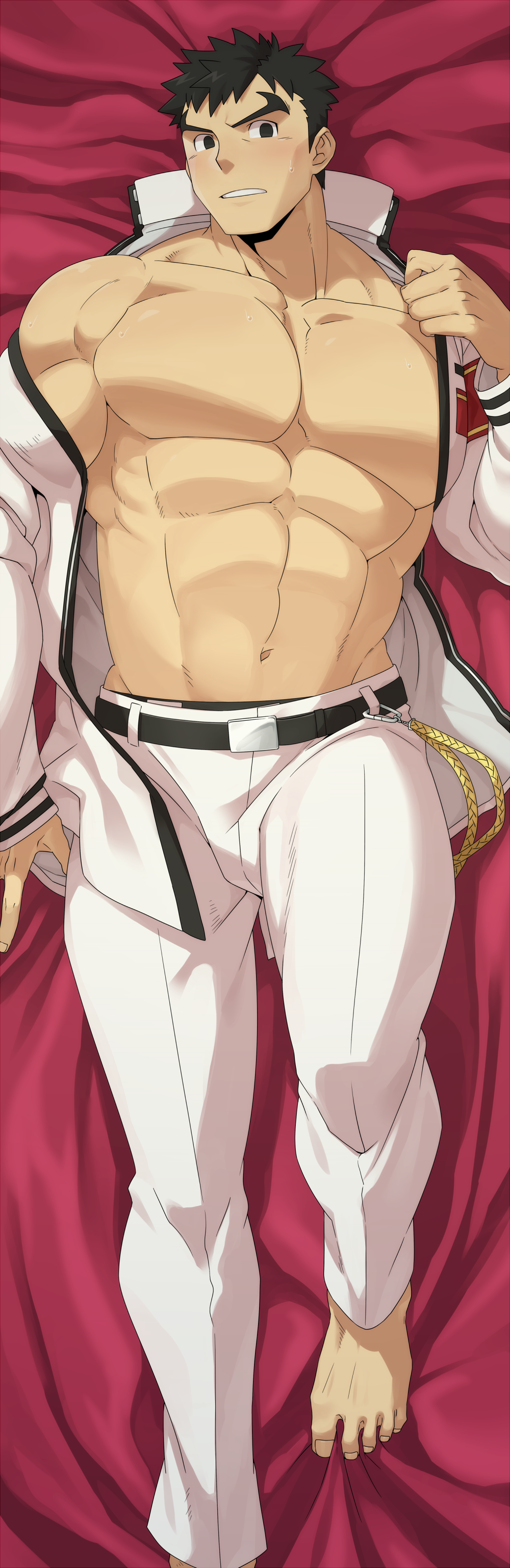 1boy, abs, absurdres, barefoot, bed_sheet, belt, black_hair, blush
