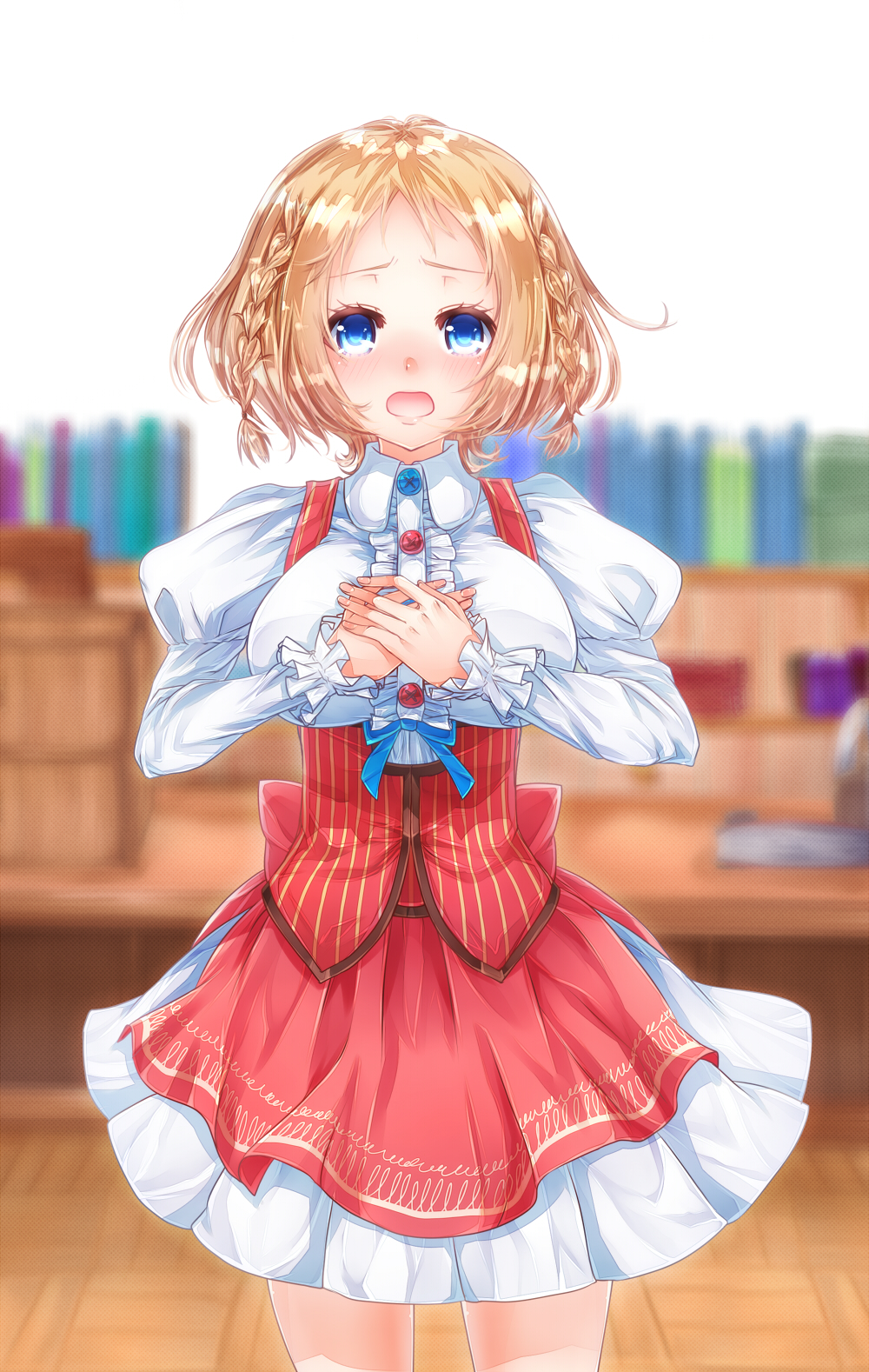 1girl, atelier_(series), atelier_firis, blonde_hair, blue_eyes, blurry, blush, book