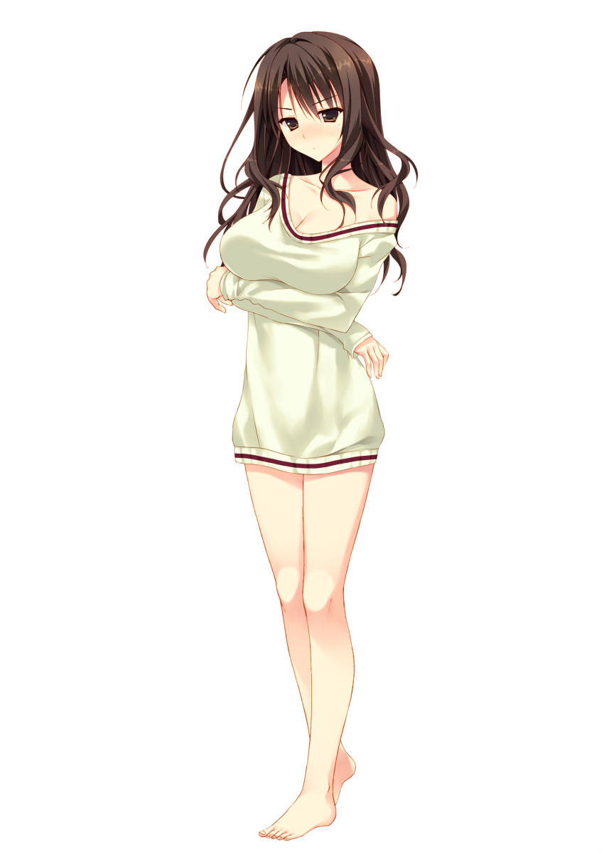 1girl, bare_legs, barefoot, blush, breasts, brown_eyes, brown_hair, cleavage