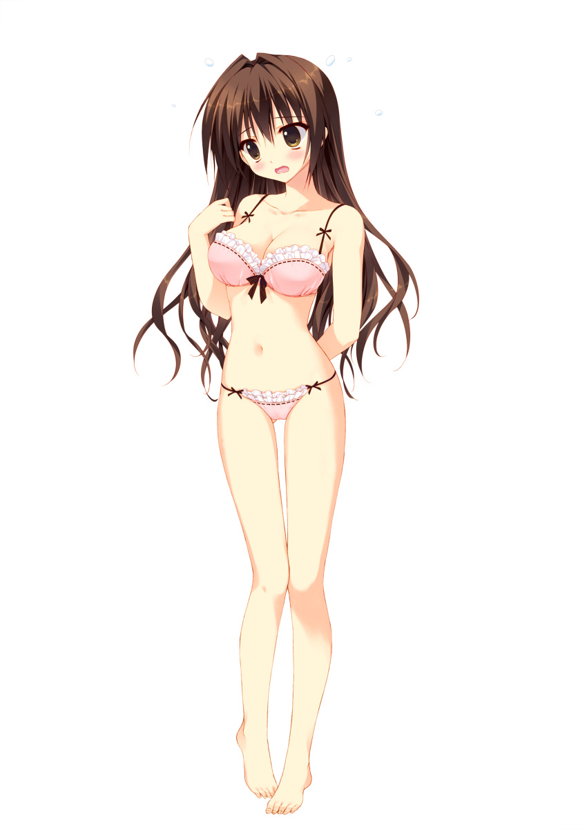1girl, arm_behind_back, barefoot, blush, bow, bow_bra, bra, breasts