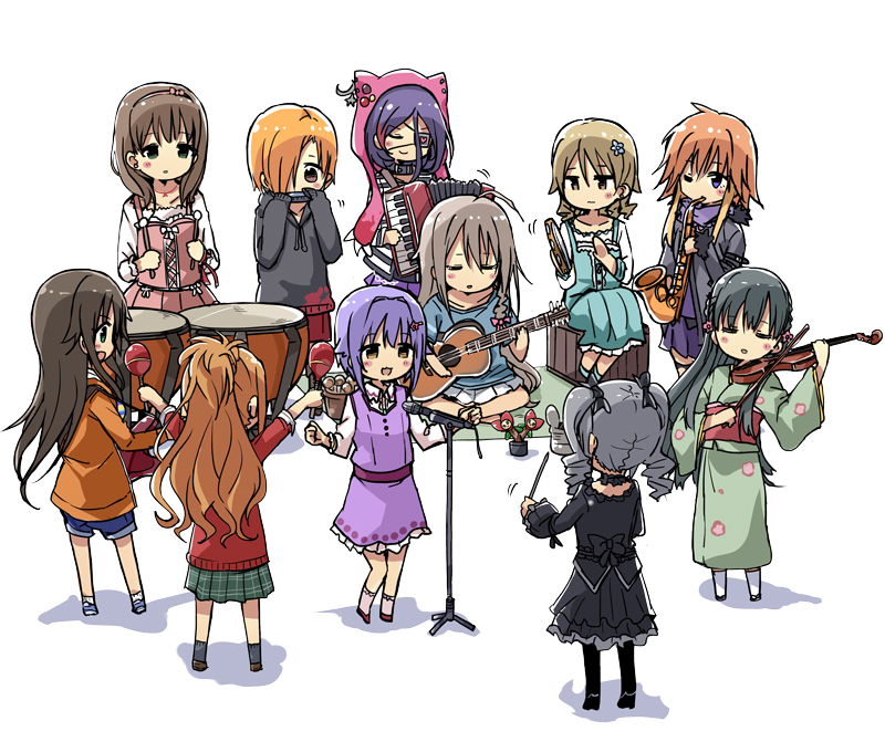 >:d, 6+girls, :3, :d, amaa_(chou_dennou_jidai), animal_hood, aqua_dress, band