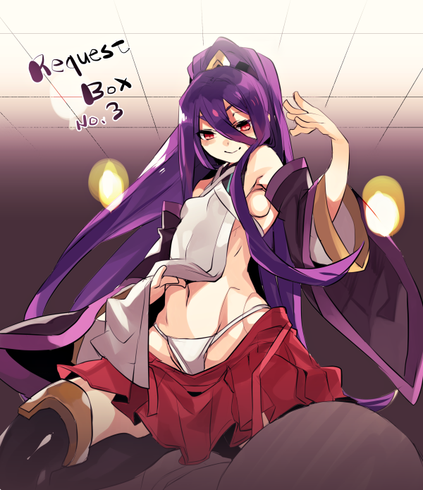 1girl, apron, bare_shoulders, blazblue, blazblue:_central_fiction, detached_sleeves, doll_joints, hades_izanami, hyakuhachi_(over3), mikado_(blazblue), navel, panties, ponytail, purple_hair, red_eyes, skirt, thigh-highs, underwear