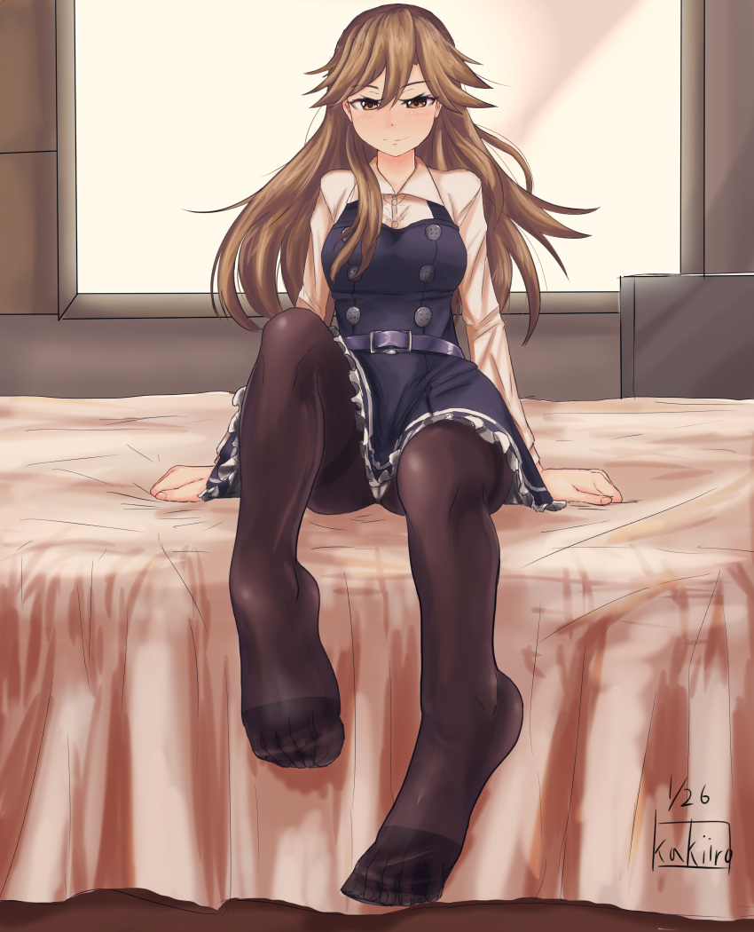 1girl, arashio_(kantai_collection), artist_name, black_legwear, blush, breasts, brown_eyes, brown_hair