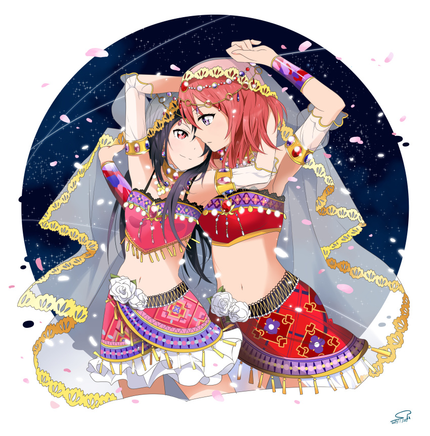 2girls, absurdres, alternate_costume, arabian_clothes, arm_around_neck, armlet, armpits, arms_up