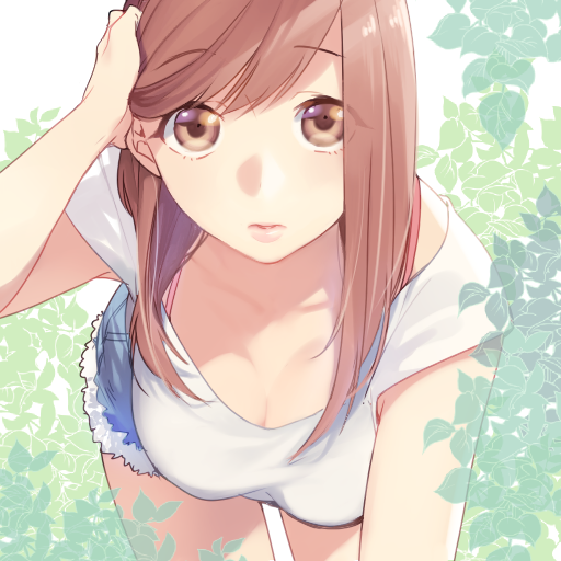 1girl, 3:, bangs, blouse, breasts, brown_eyes, brown_hair, cleavage