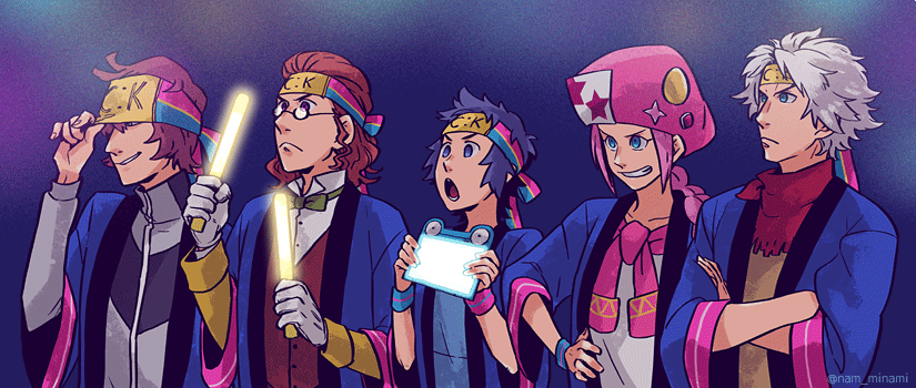 >:<, 5boys, :<, blue_eyes, blue_hair, bow, bowtie, brown_hair