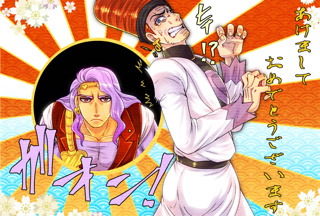 2boys, blue_eyes, clenched_teeth, earrings, flower, frown, headband, heart