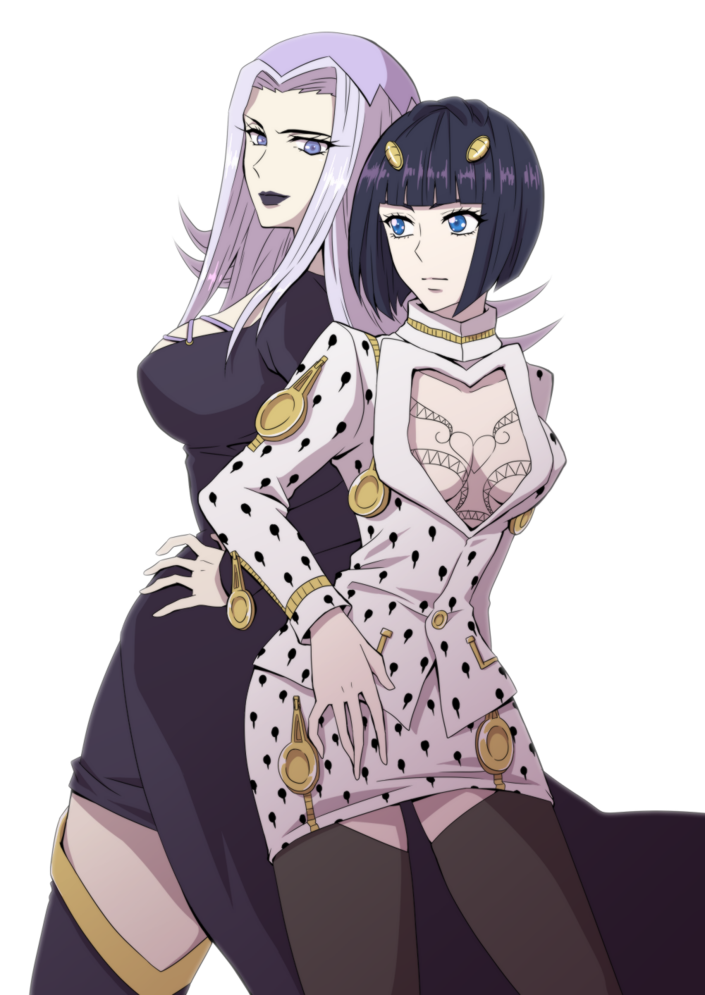 2girls, back-to-back, black_hair, black_lipstick, blue_eyes, bob_cut, breasts, bruno_buccellati