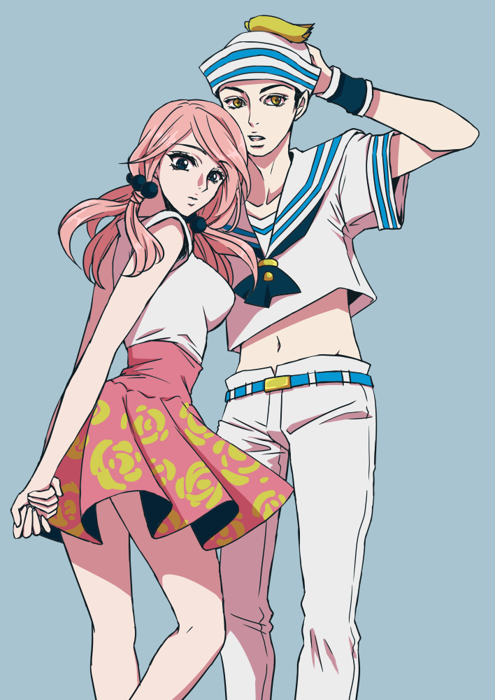 1boy, 1girl, arms_behind_back, belt, black_eyes, black_hair, breasts, brown_eyes, dixie_cup_hat, groin, hair_bobbles, hair_ornament, hand_on_own_head, hat, higashikata_jousuke_(jojolion), hirose_yasuho, jojo_no_kimyou_na_bouken, jojolion, large_breasts, looking_at_viewer, midriff, military_hat, miniskirt, navel, pink_hair, sailor, skirt, umino_mo_kuzu, wristband