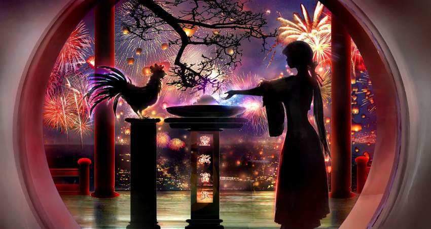 00, 1girl, bird, chicken, city, city_lights, dark, fireworks