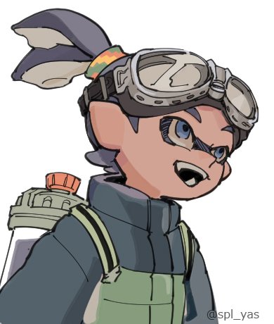 1boy, blue_hair, domino_mask, fangs, goggle-kun_(splatoon), goggles, goggles_on_head, ink_tank_(splatoon)