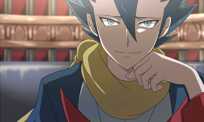 1boy, aqua_eyes, blue_hair, chin_rest, couch, elite_four, fake_screenshot, giima_(pokemon)