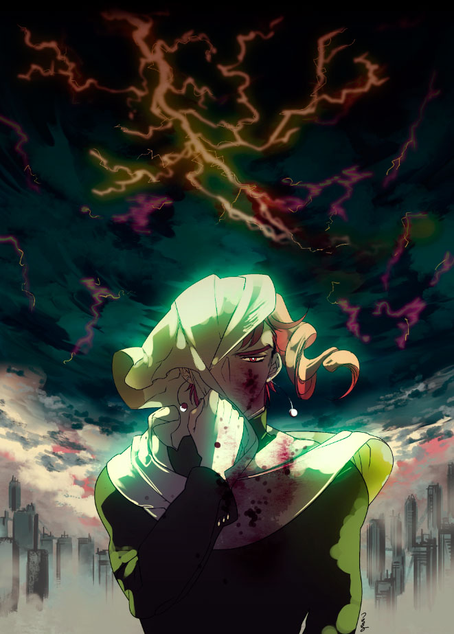 1boy, blood, bloody_clothes, building, city, clouds, cloudy_sky, dark_sky