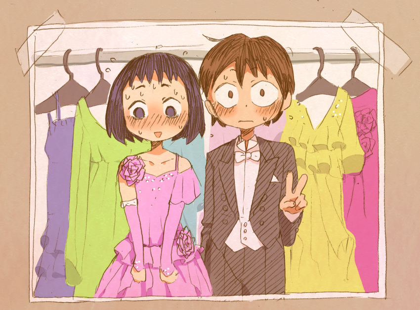 1boy, 1girl, asymmetrical_clothes, black_hair, blush, bow, bowtie, brown_hair, clothes_hanger, dress, elbow_gloves, flower, flying_sweatdrops, gloves, highres, photo_(object), pink_gloves, sesuji_wo_pin!_to, short_hair, sweat, tape, tsuchiya_masaharu, tuxedo, v, watari_eri, yoineko