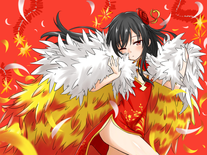 1boy, bellezza_felutia, black_hair, blue_eyes, china_dress, chinese_clothes, chinese_new_year, crossdressinging