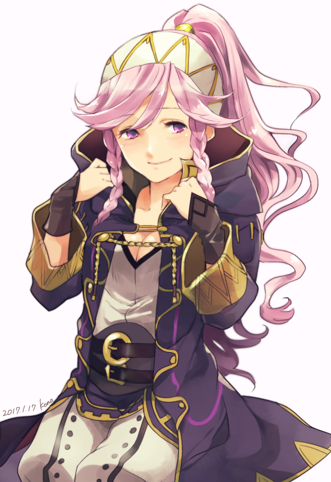 1girl, adjusting_clothes, braid, breasts, cleavage, coat, cosplay, dated