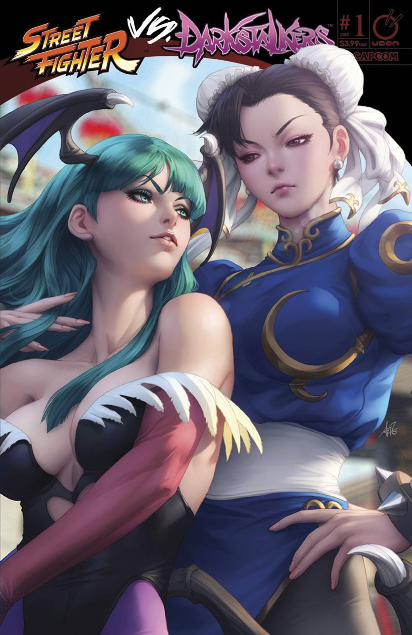 2girls, bare_shoulders, black_hair, black_legwear, blue_dress, breasts, bun_cover, capcom, china_dress, chinese_clothes, chun-li, cleavage, cover, cover_page, crossover, demon_girl, double_bun, dress, earrings, eyebrows, eyelashes, eyeshadow, fingernails, forehead, green_eyes, green_hair, hair_flip, hand_on_hip, head_wings, highres, jewelry, lens_flare, leotard, lips, long_fingernails, low_wings, makeup, medium_breasts, morrigan_aensland, multiple_girls, nose, official_art, pantyhose, puffy_short_sleeves, puffy_sleeves, purple_legwear, sash, short_hair, short_sleeves, stanley_lau, street_fighter, street_fighter_vs._darkstalkers, succubus, udon_entertainment, vampire_(game), wings