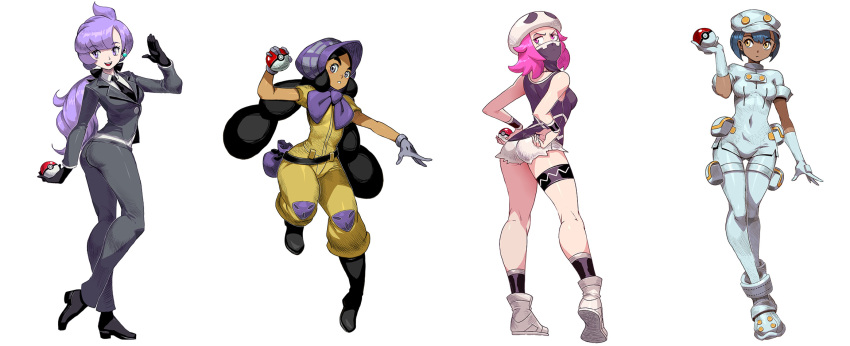 4girls, aether_foundation_employee, bandana_over_mouth, bandanna, beanie, black_hair, boots, bracelet