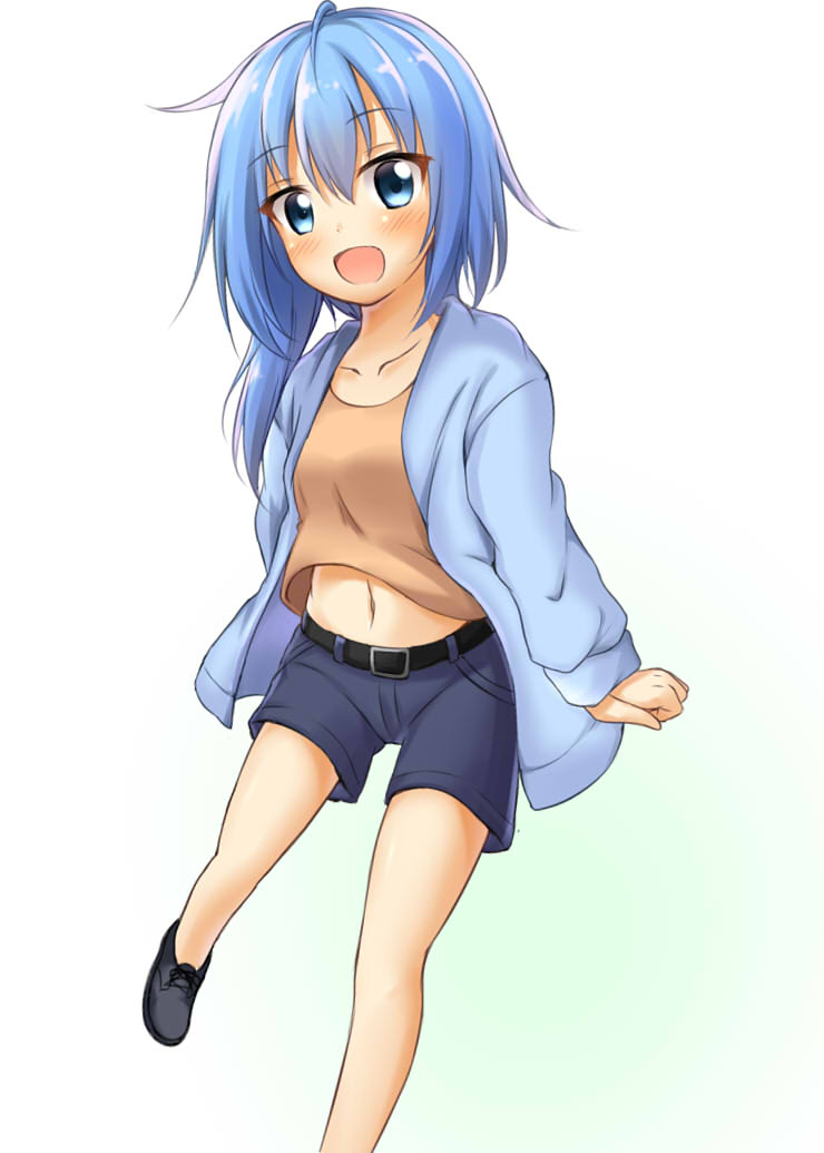 1girl, alternate_costume, asymmetrical_hair, belt, blue_eyes, blue_hair, casual, fang, jacket, kamakani_(kanikama8192), kantai_collection, looking_at_viewer, minazuki_(kantai_collection), navel, open_mouth, short_hair, solo