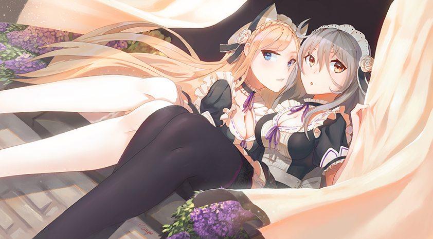 2girls, alternate_costume, animal_ears, black_legwear, blonde_hair, blue_eyes, braid, breasts