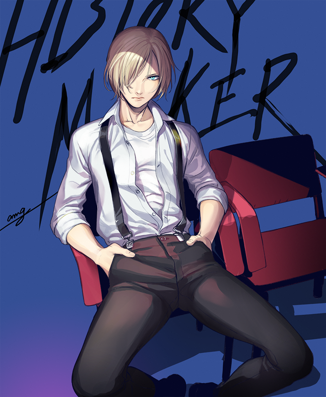 1boy, amg_(nwmnmllf), blonde_hair, chair, collared_shirt, green_eyes, hair_over_one_eye, hands_in_pockets
