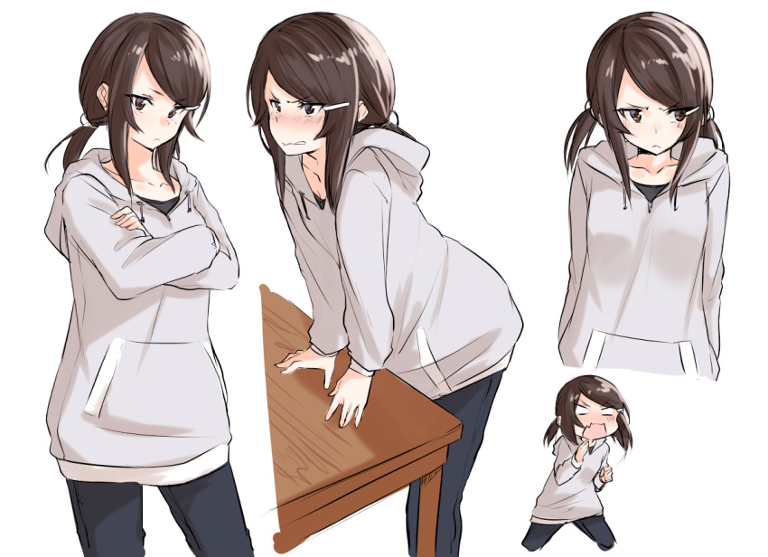 >:<, 1girl, =_=, arms_behind_back, black_hair, blush, brown_eyes, clenched_teeth