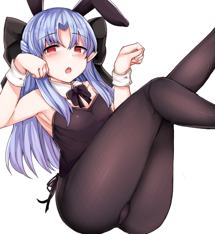 1girl, animal_ears, bangs, black_legwear, black_leotard, black_ribbon, blue_hair, breasts