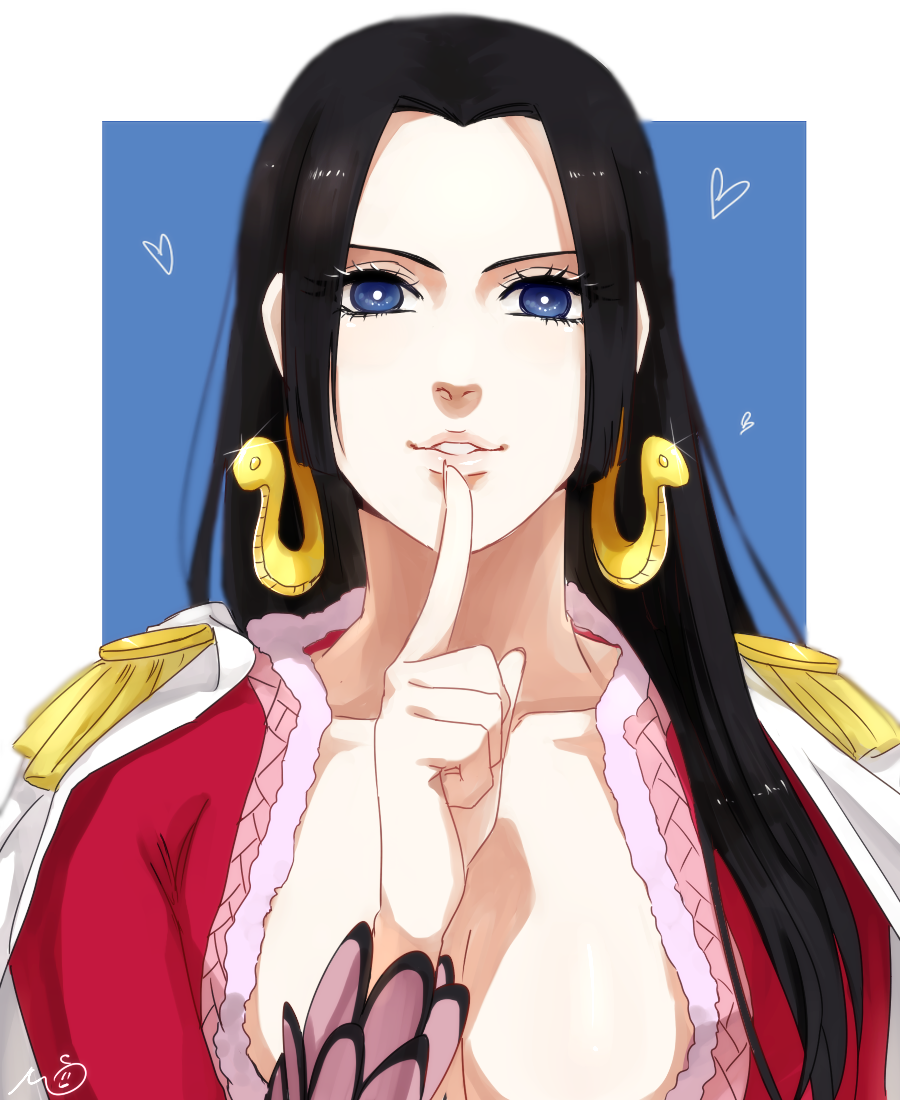 1girl, black_hair, blue_eyes, boa_hancock, breasts, cleavage, earrings, finger_to_mouth
