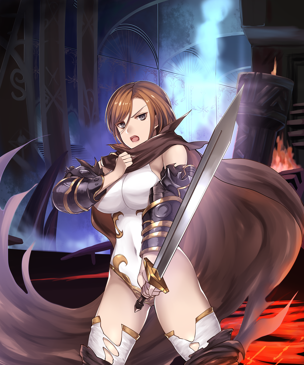 1girl, apollonia_vaar, armor, black_eyes, brown_hair, cape, cowboy_shot, eko