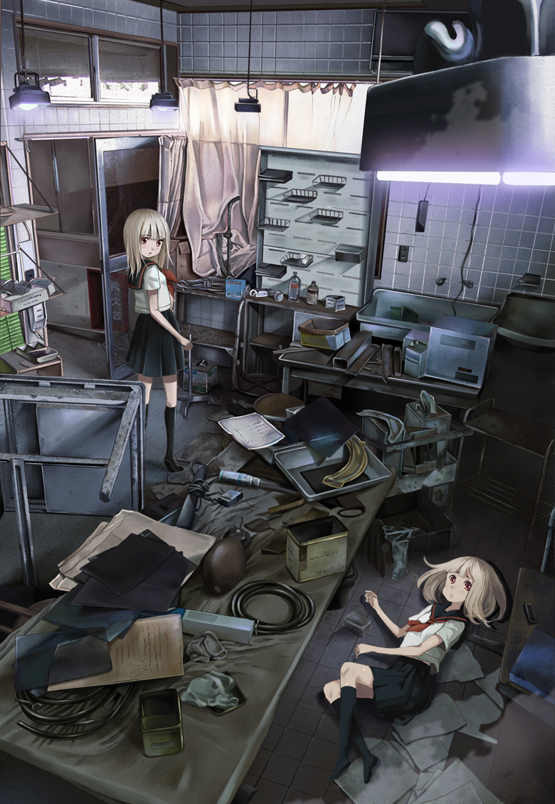 2girls, albino, bad_id, blonde_hair, collaboration, curtains, hospital, kacchuu