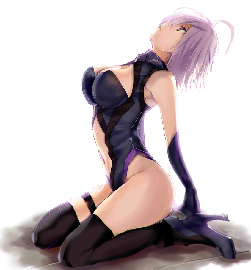 1girl, ahoge, arched_back, arm_support, armadillo-tokage, armpits, bangs, bare_shoulders, black_boots, black_gloves, black_legwear, black_leotard, blue_boots, blue_high_heels, boots, breasts, cleavage, cleavage_cutout, crying, crying_with_eyes_open, elbow_gloves, fate/grand_order, fate_(series), female, from_side, full_body, gloves, hair_over_one_eye, head_back, high_heel_boots, high_heels, highleg, highleg_leotard, large_breasts, lavender_hair, legband, legs, leotard, looking_up, mash_kyrielight, mashu_kyrielite, navel, navel_cutout, parted_lips, purple_hair, seiza, shielder_(fate/grand_order), short_hair, simple_background, sitting, skin_tight, sleeveless, sleeveless_turtleneck, solo, tears, thigh-highs, thigh_boots, thigh_strap, turtleneck, type-moon, violet_eyes, white_background
