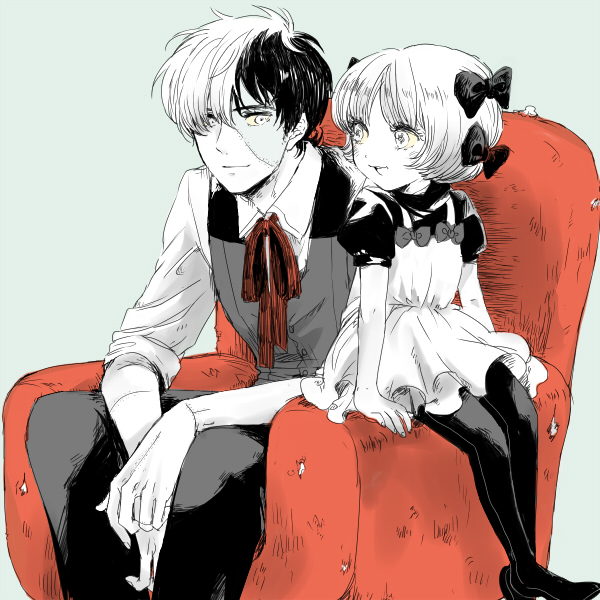 1boy, 1girl, :d, armchair, bangs, black_hair, black_jack_(character), black_jack_(series)