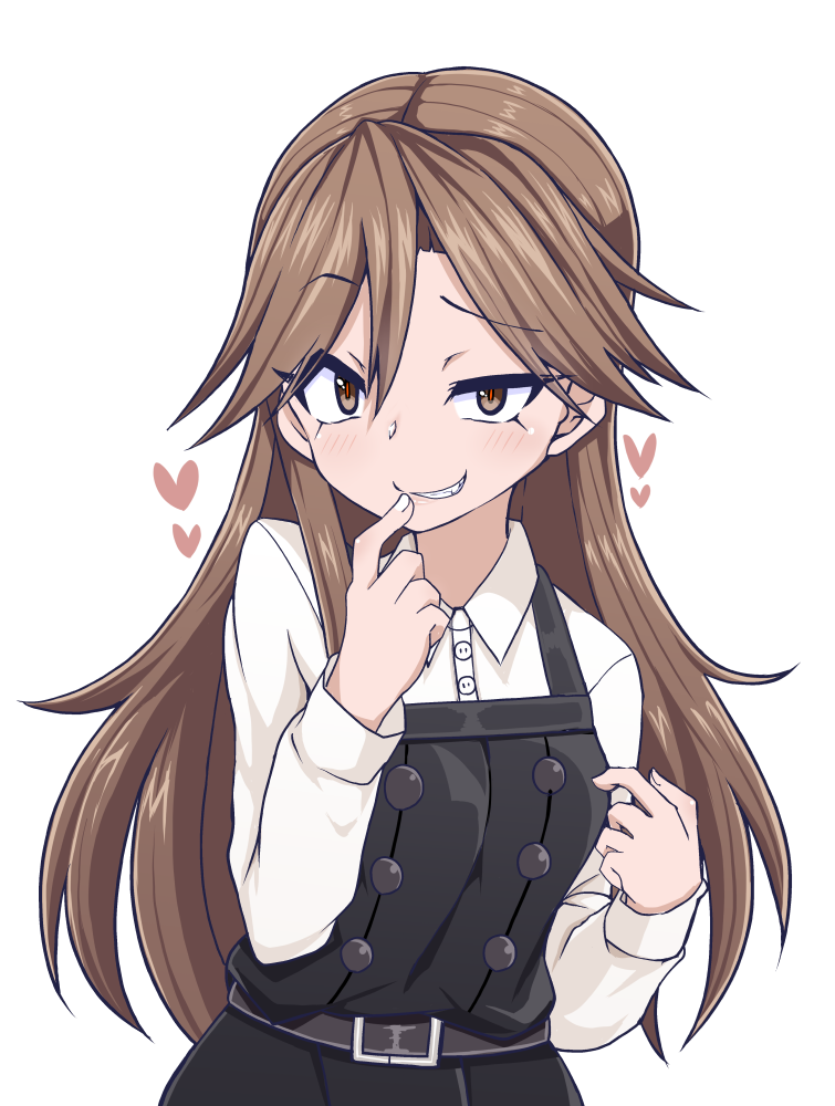 1girl, arashio_(kantai_collection), belt, brown_eyes, brown_hair, dress, heart, kantai_collection, kodachi_(kuroyuri_shoukougun), pinafore_dress, remodel_(kantai_collection), sneer