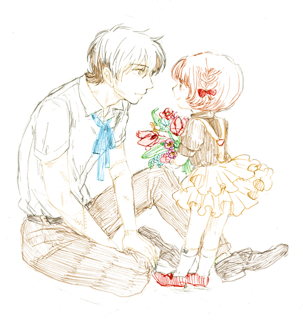 1boy, 1girl, alternate_hairstyle, belt, black_hair, black_jack_(character), black_jack_(series), bouquet