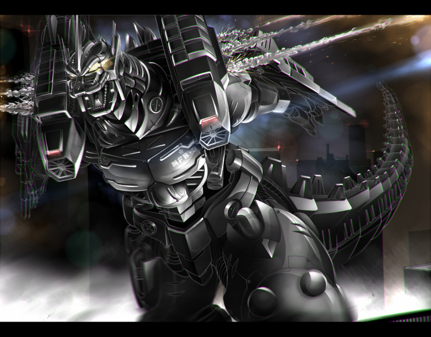 city, energy_weapon, glowing, glowing_eyes, godzilla_(series), gomi_kushige, kiryu, mecha