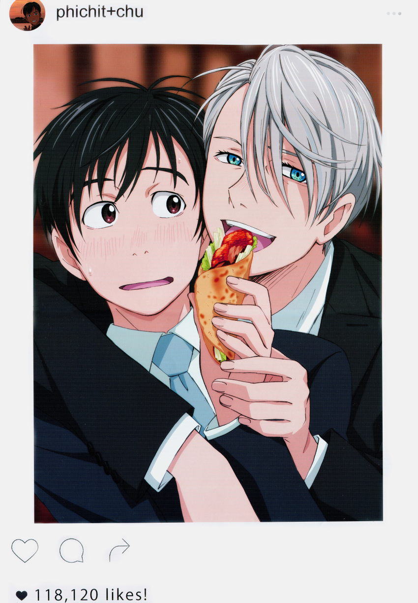 2boys, absurdres, black_hair, blue_eyes, blush, brown_eyes, fake_screenshot, food