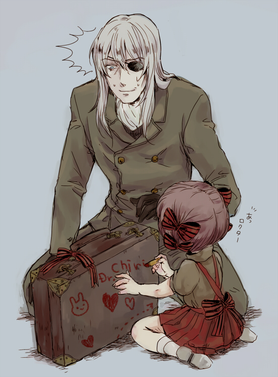 /\/\/\, 1boy, 1girl, arrow, black_gloves, black_jack_(series), blue_background, blue_eyes