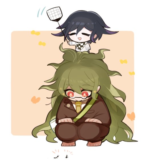 2boys, ant, barefoot, black_hair, blazer, bright_pupils, butterfly, checkered_scarf, chibi, closed_eyes, dangan_ronpa, dark_skin, dark_skinned_male, flyswatter, glasses, gokuhara_gonta, green_hair, insect_cage, jacket, long_hair, looking_down, male_focus, multiple_boys, necktie, new_dangan_ronpa_v3, ouma_kokichi, ponkotsu_(inumoyo), red_eyes, round_glasses, scarf, school_uniform, short_hair, squatting, standing_on_person, straitjacket, yellow_necktie