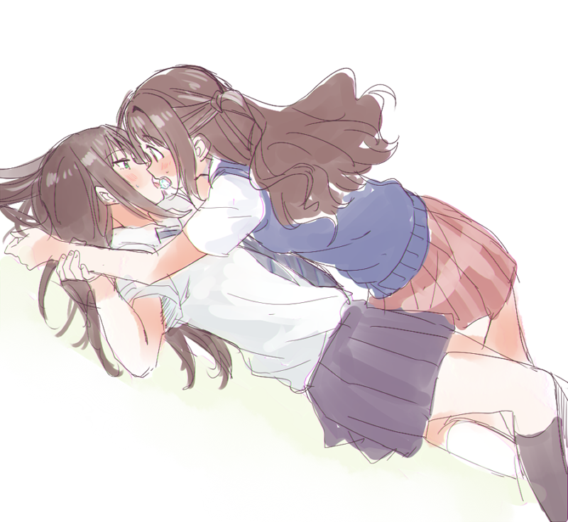 2girls, blush, brown_eyes, brown_hair, green_eyes, half_updo, ice, ice_cube