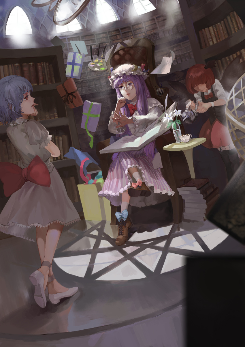 3girls, absurdres, adapted_costume, alternate_hair_length, alternate_hairstyle, ankle_strap, bangs, black_legwear