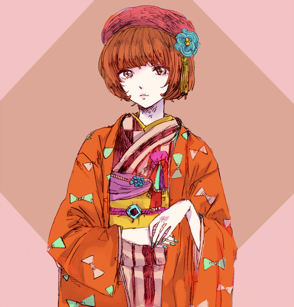 1girl, aqua_nails, bangs, beret, blue_nails, blunt_bangs, bowl_cut, brown_eyes, checkered, colorful, eyelashes, fingernails, flower_ornament, hands_together, hat, japanese_clothes, kimono, light_smile, lips, long_sleeves, looking_at_viewer, nail_polish, neoki_toroko, obi, redhead, sash, say_hello_to_bookila!, sekawa_(krk), short_hair, solo, striped, tassel, traditional_clothes, upper_body, vertical_stripes, wide_sleeves
