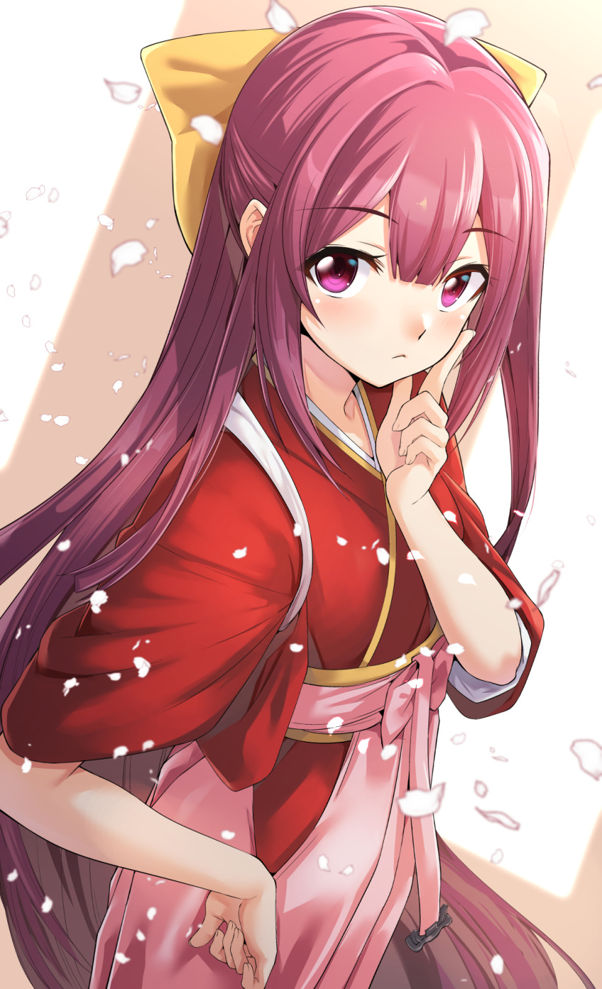 1girl, blush, bow, commentary_request, gradient_hair, hair_bow, hakama, half_updo
