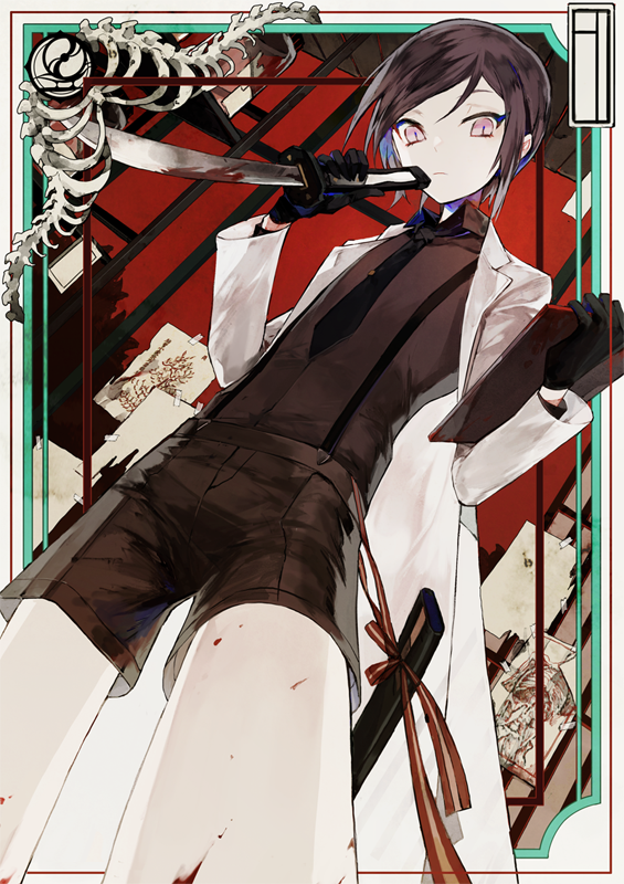 1boy, black_gloves, black_hair, blood, bloody_weapon, from_below, gloves, judy6241