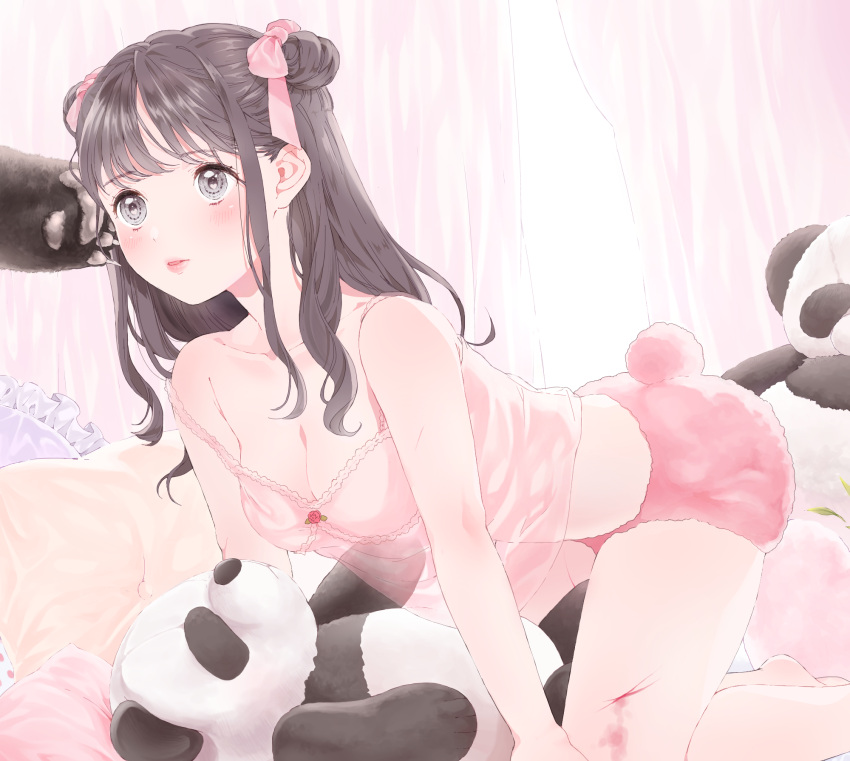 1girl, all_fours, bangs, bare_arms, bare_legs, bare_shoulders, barefoot, bear_tail