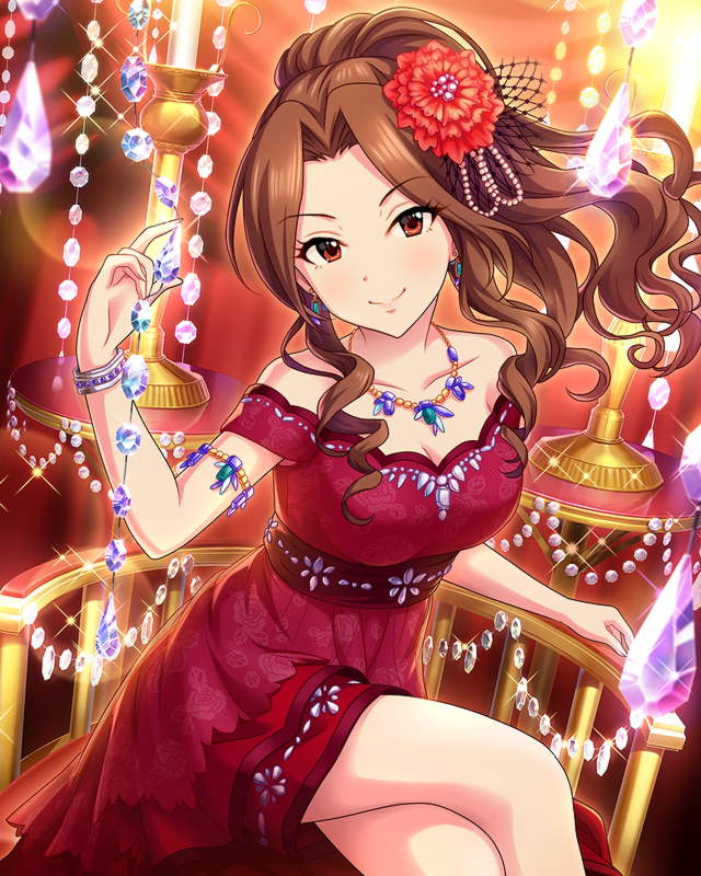 1girl, alternate_hairstyle, armband, artist_request, bracelet, brown_eyes, brown_hair, dress