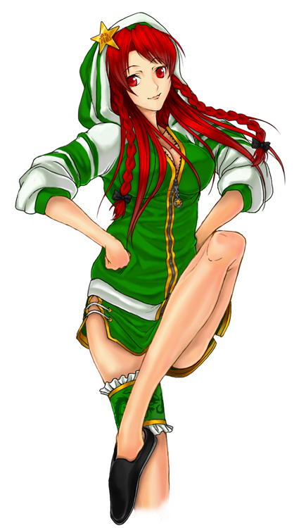 braid, contemporary, hands_on_hips, hong_meiling, hood, hooded_jacket, jacket, red_eyes