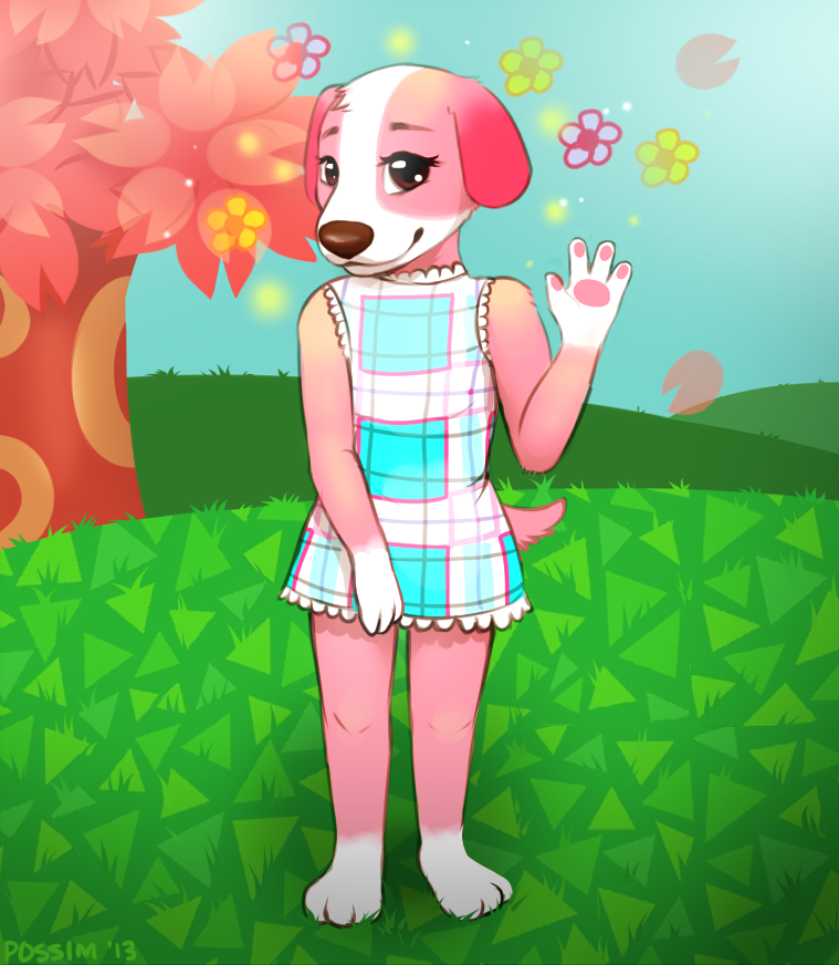 animal, animal_crossing, deviantart, dog, doubutsu_no_mori, dress, flower, furry, grass, nintendo, no_humans, perine_(doubutsu_no_mori), possim, realistic, red_eyes, sakura, sky, tree
