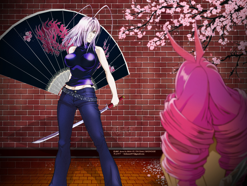 2girls, antenna_hair, bare_shoulders, belt, blue_eyes, cherry_blossoms, denim, dragon