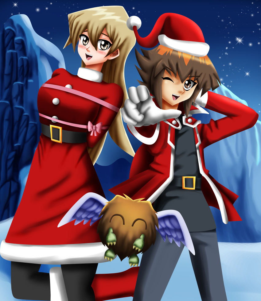 arms_behind_back, blonde_hair, bound, brown_eyes, brown_hair, christmas, happy, holiday
