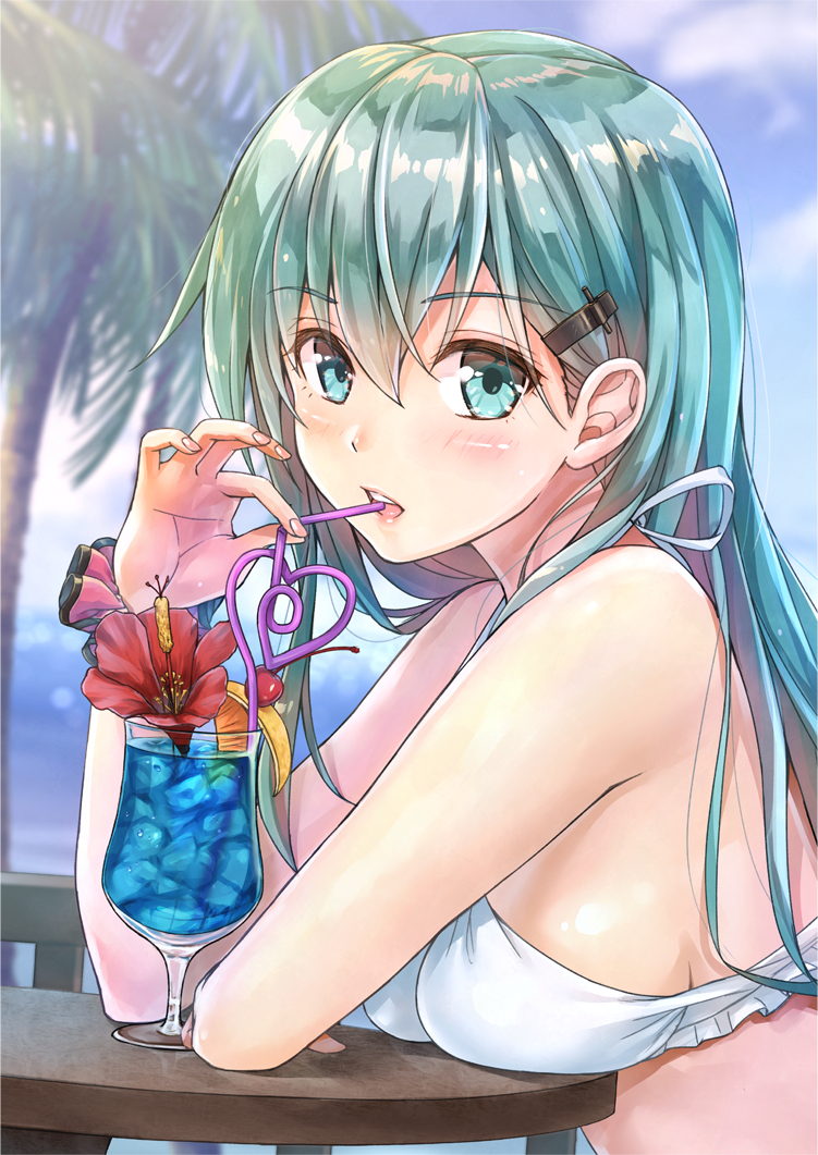 bikini, blsh, blue_eyes, green_hair, kantai_collection, long_hair, personification, sky, summer, suzuya_(kantai_collection), sweets